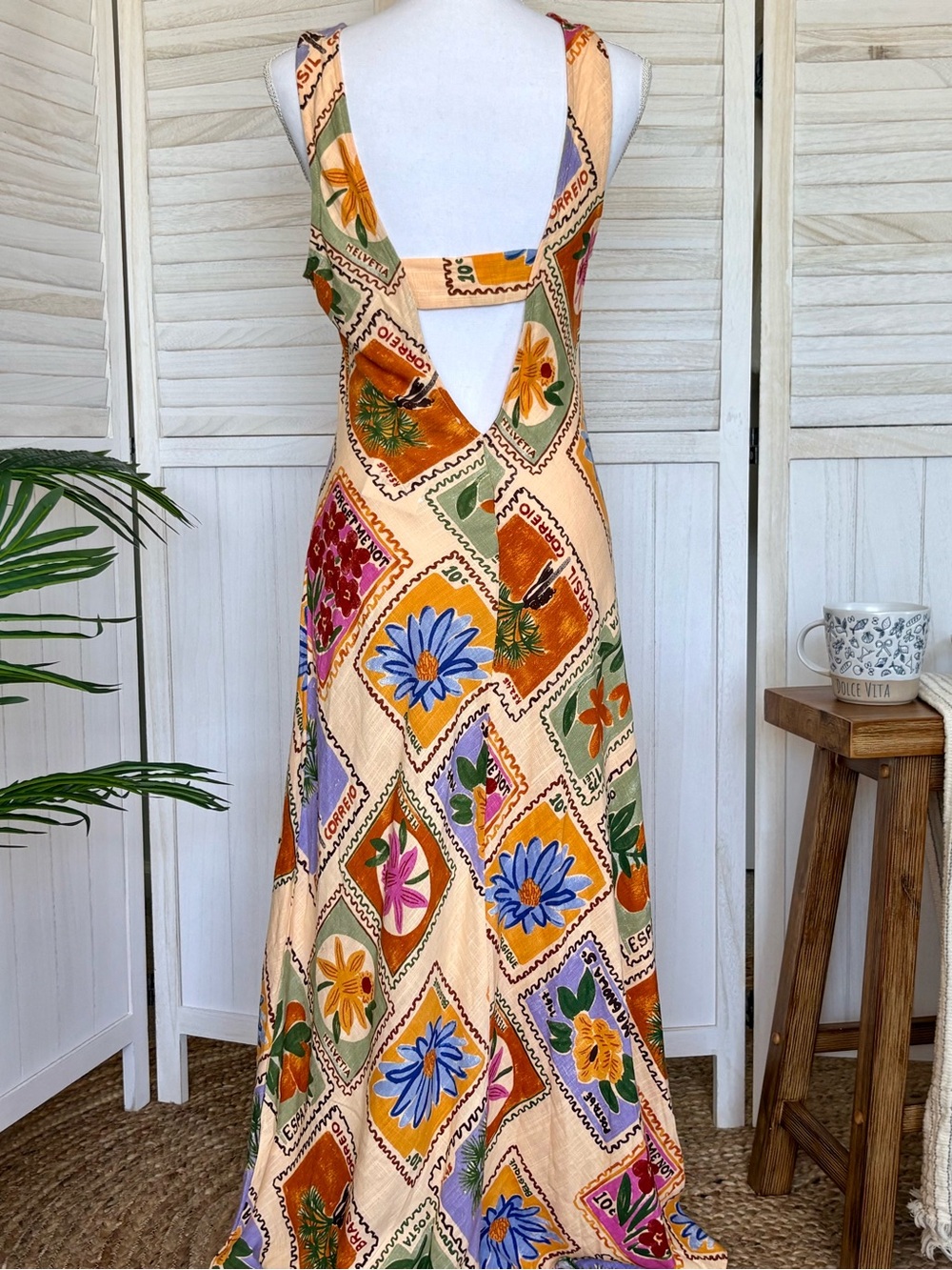 NWT Paper Heart Linen Blend Postcard Print Maxi Dress Open Back Size L